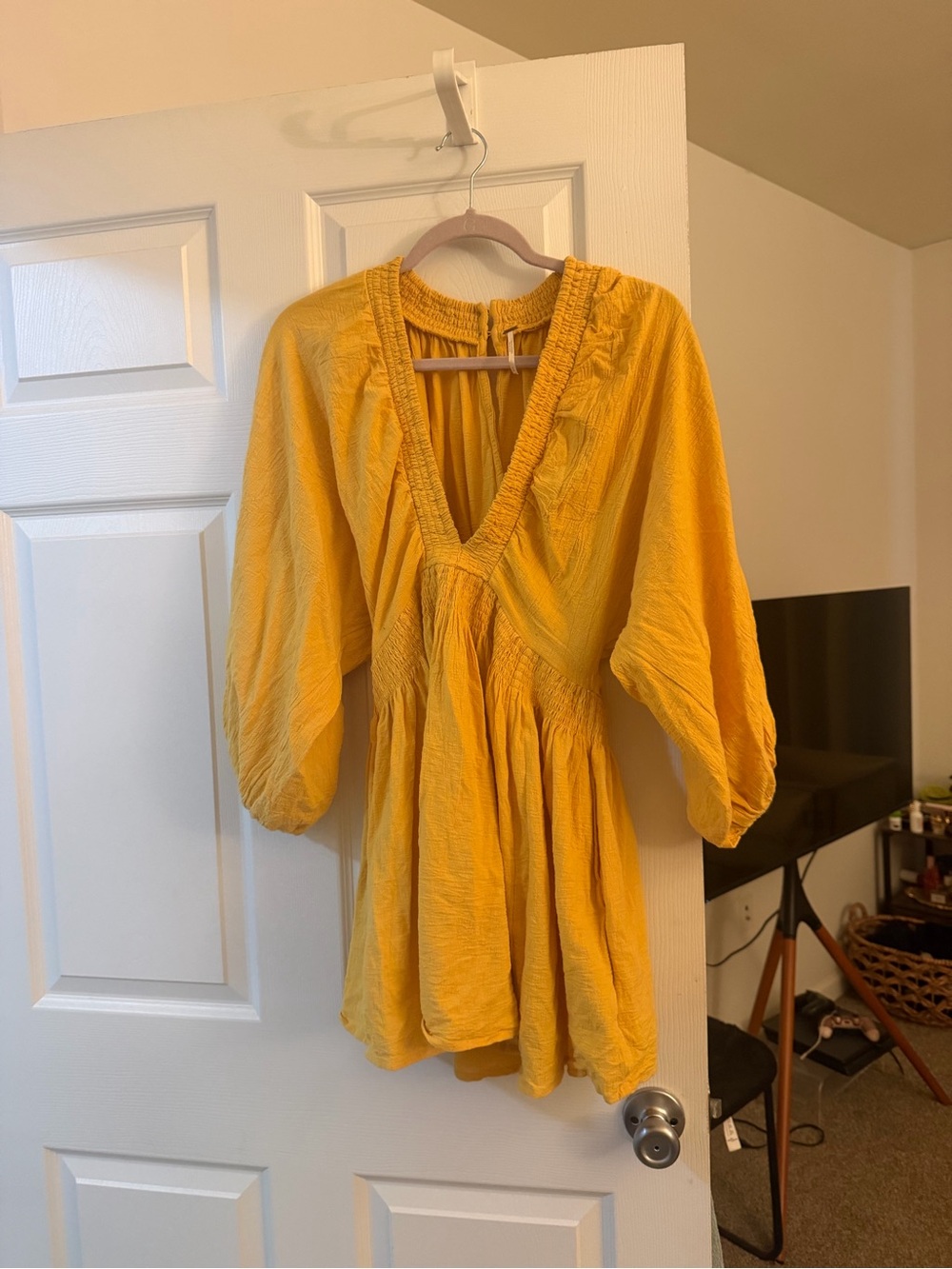 Free People Mustard Yellow V-Neck Smocked Waist Tunic